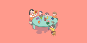 아이돌봄서비스를 이용해 유치원 아이들을 돌보고 있는 아이돌보미 여성과 아이들